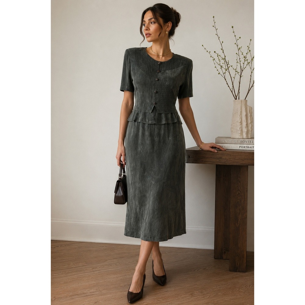 Maren Vintage Olive Rayon Bemberg Mixed Media Midi Dress 14 90s Classic Tailored